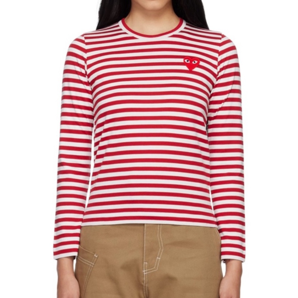 PLAY Comme Des Garçons Striped Cotton Red Emblem Tee